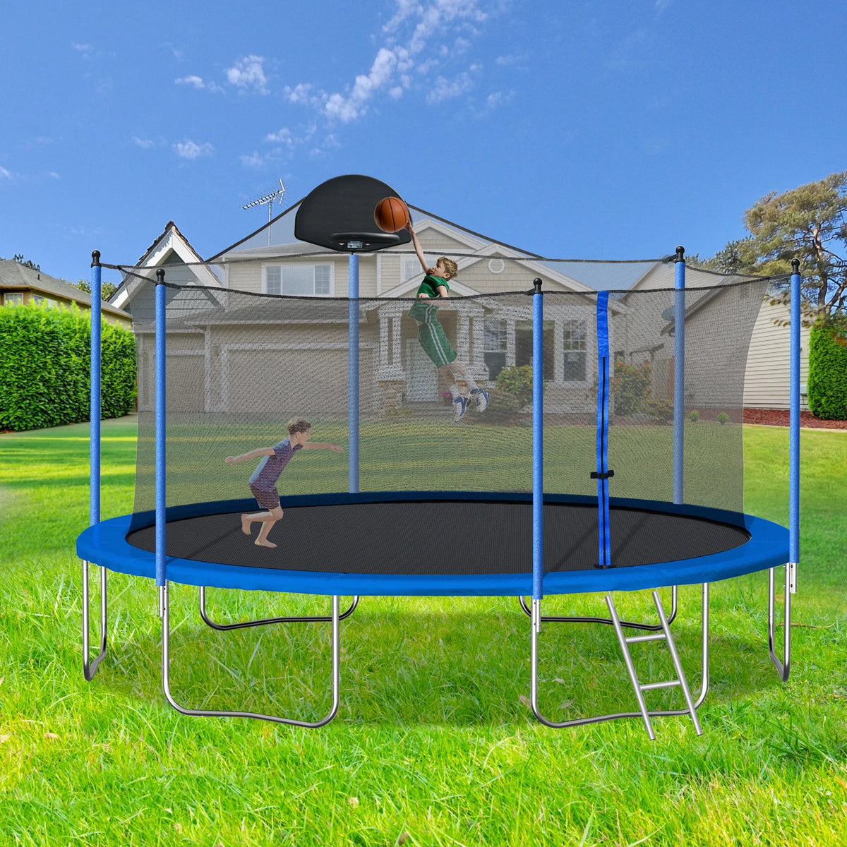 14 FT Trampoline with Safety Enclosure Net, Basketball Hoop and Ladder Y56373