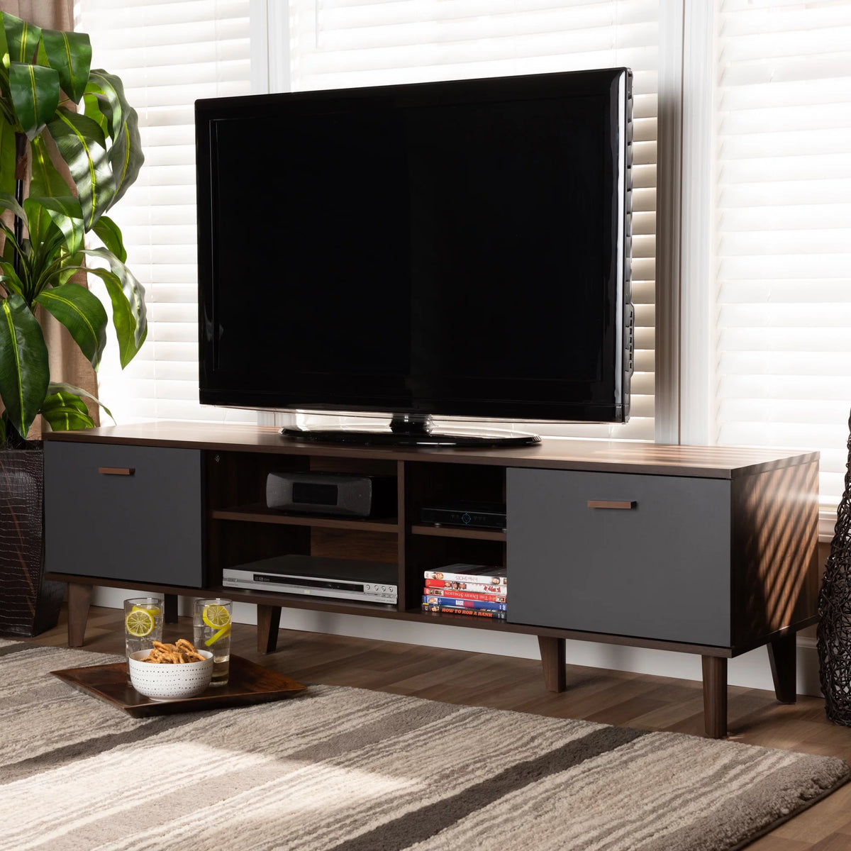 Walnut Brown and Grey Finished Wood TV Stand T657421