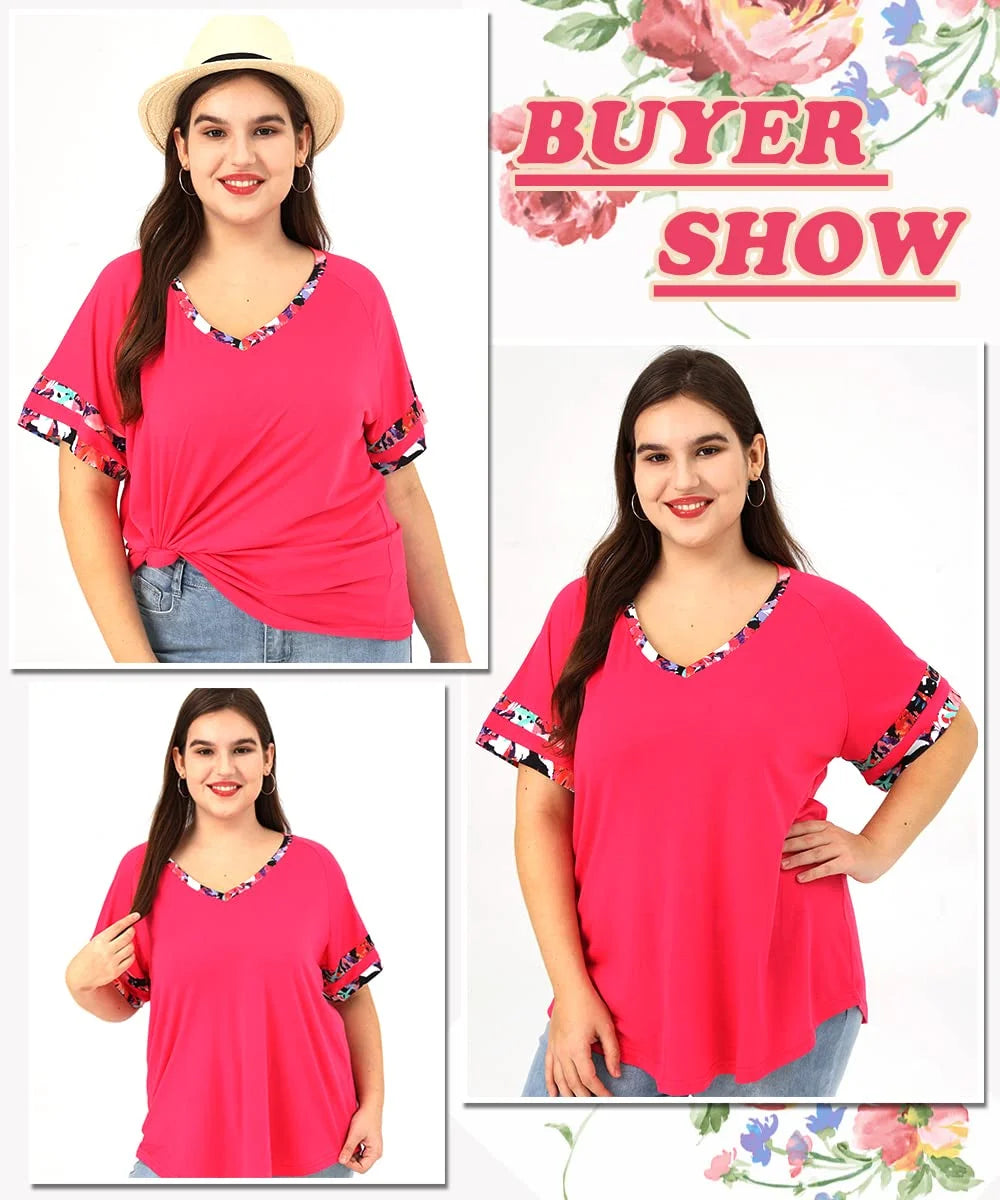 Plus Size V-neck Short Sleeve Casual Blouses Color Block Shirts G89636
