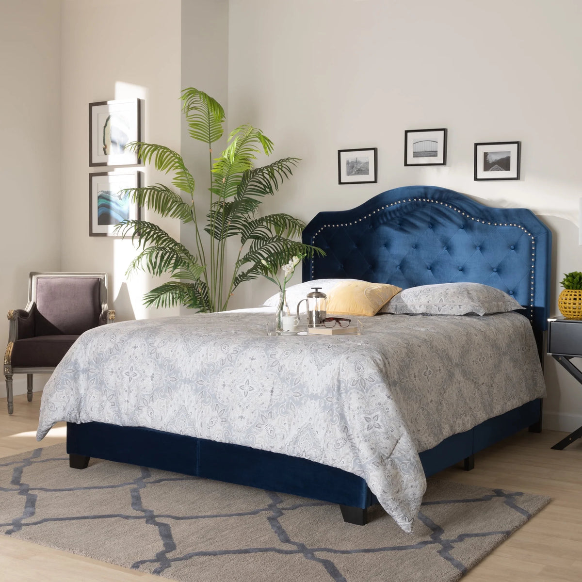 Navy Blue Velvet Queen Size Button Tufted Bed S954600