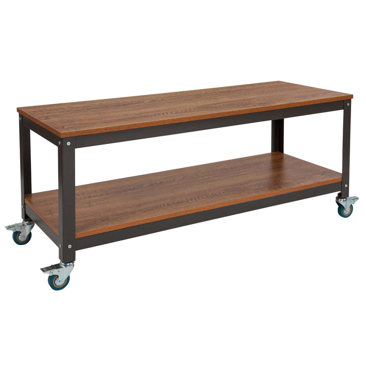 Brown Oak Wood Grain TV Stand with Metal Wheels R4521