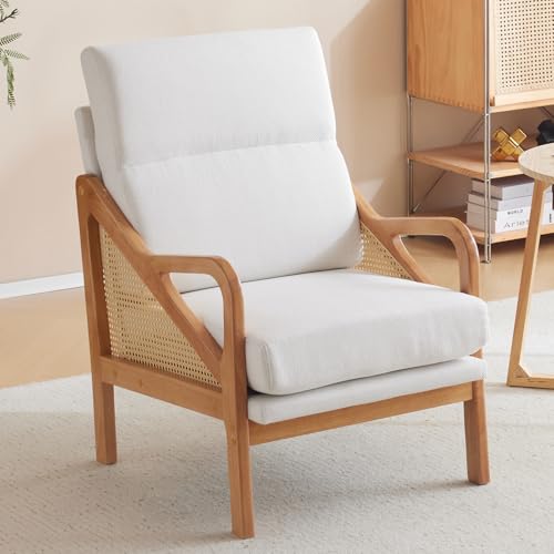 White Woven Rattan Accent Chair with Oak Wood Frame F4113