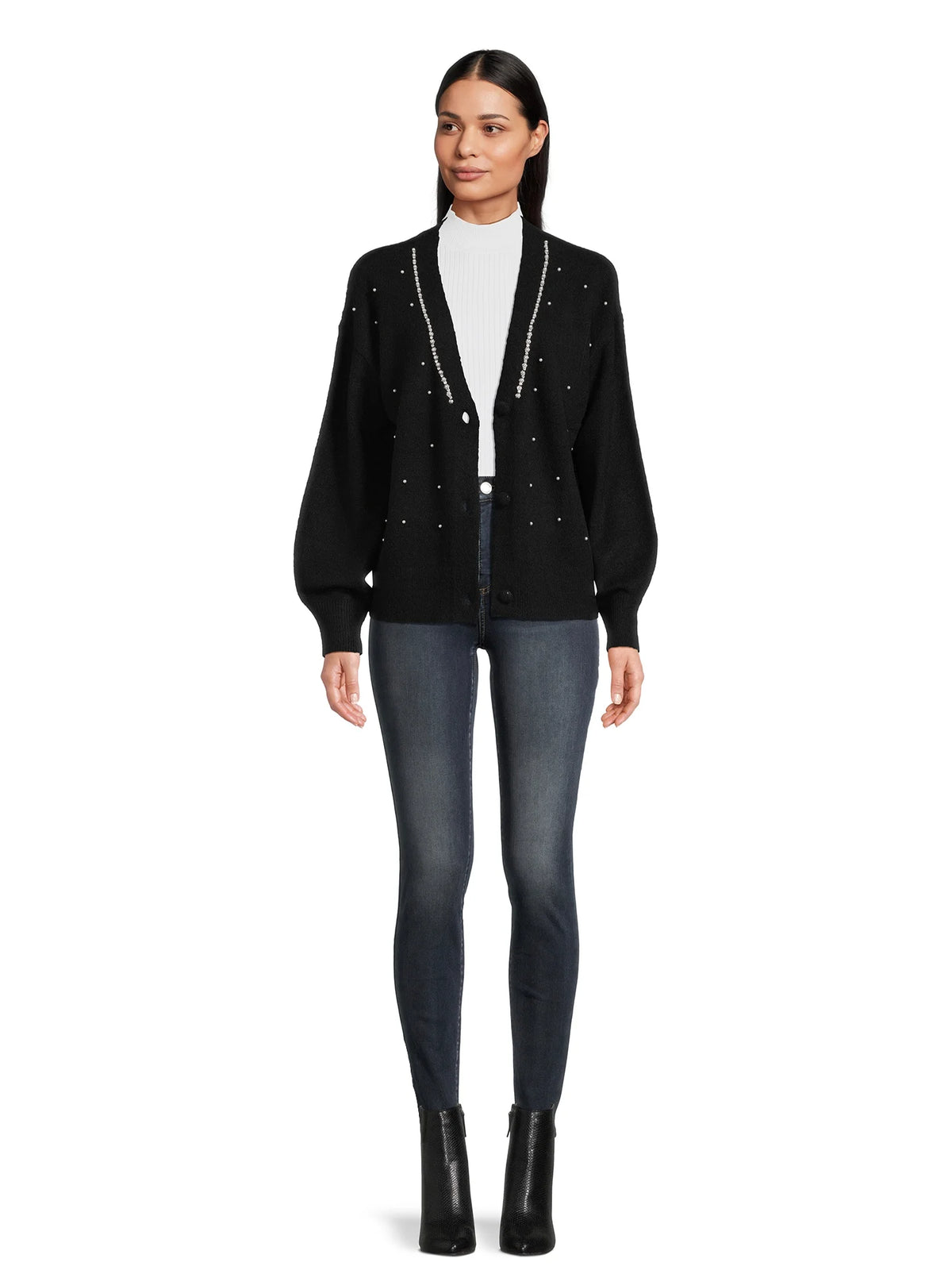 Women's V-Neck Embellished Button Front Cardigan with Long Sleeves L498