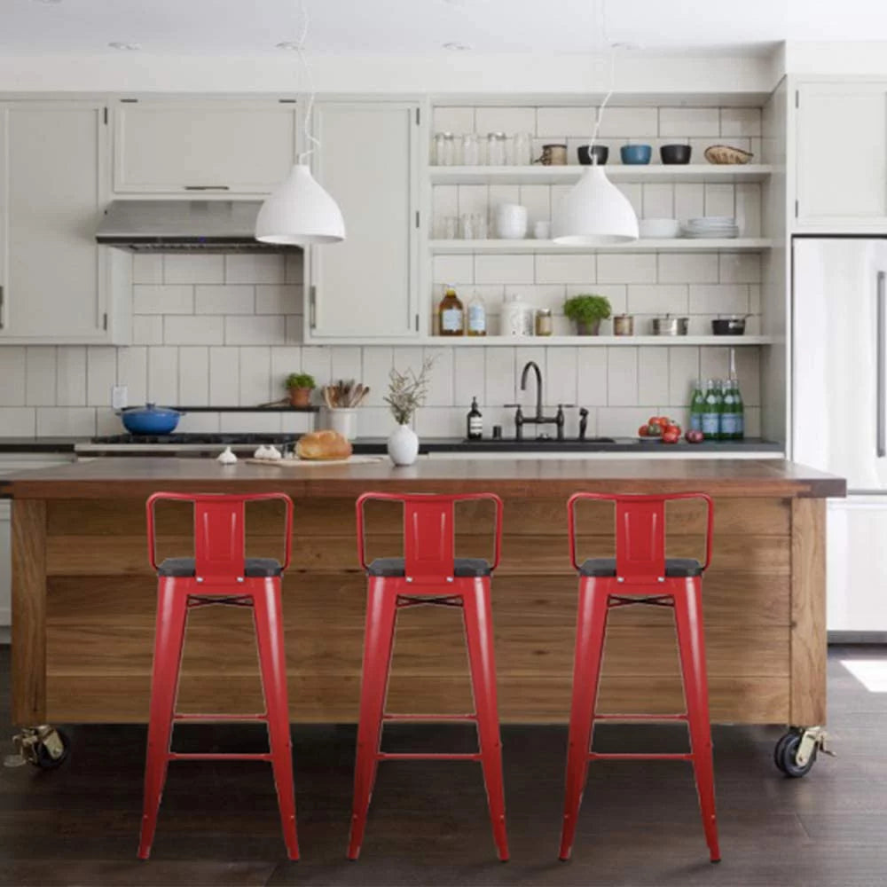 Red 30 inch Low Back Metal Barstools with Wood Seat, Set of 6 X538235