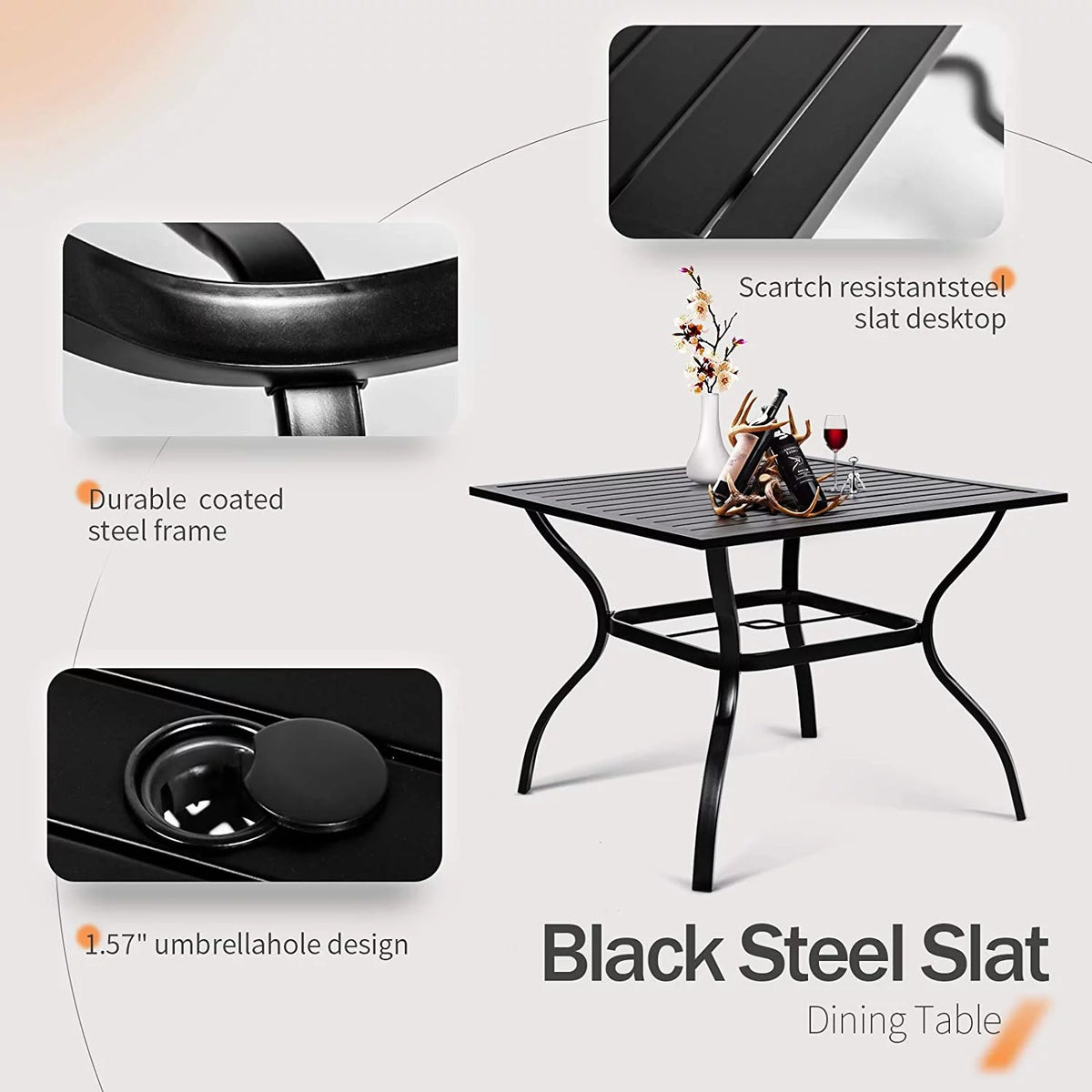 5-Piece Outdoor Patio Dining Set Stackable Metal Chairs and Square Table Black K864308