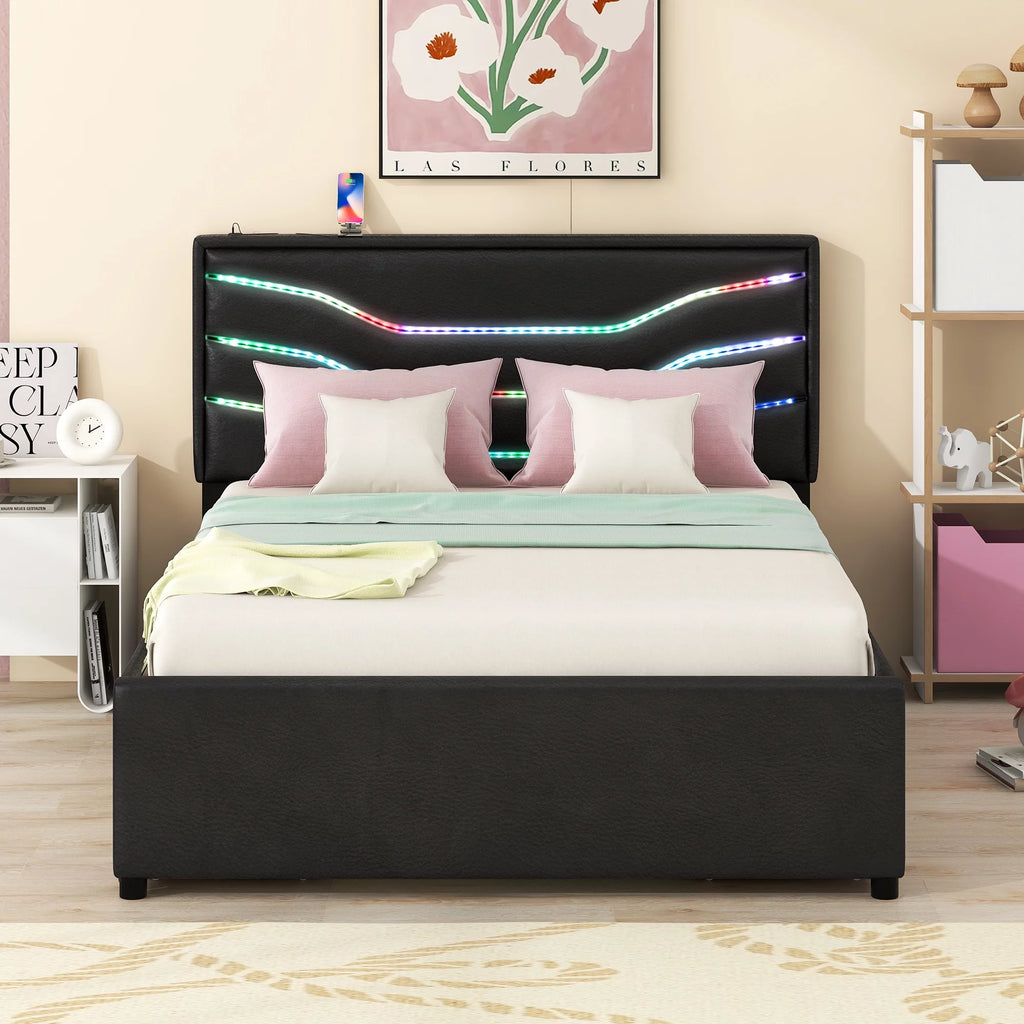 Queen Size Upholstered Storage Platform Bed with Led 4 Drawers USB Charging Black V78375