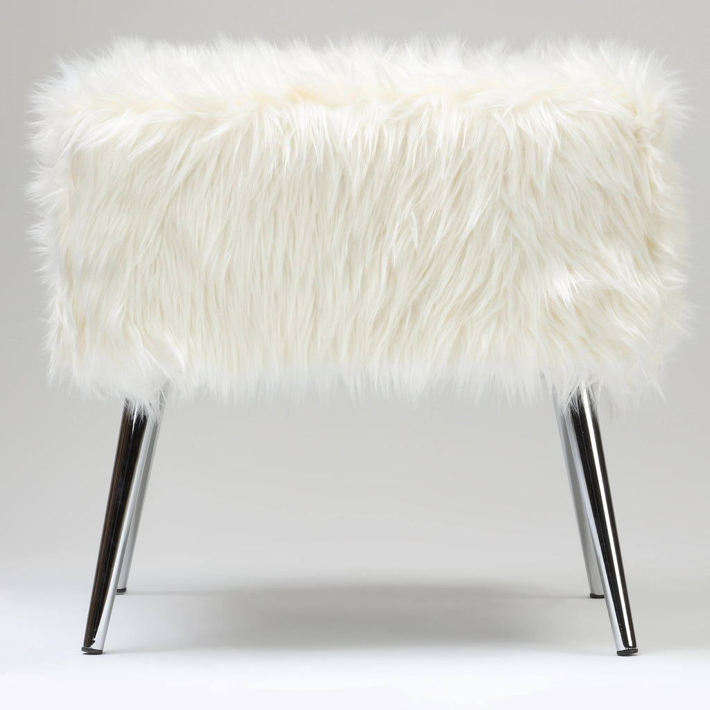 White Faux Fur Ottoman with Chrome Legs B5517
