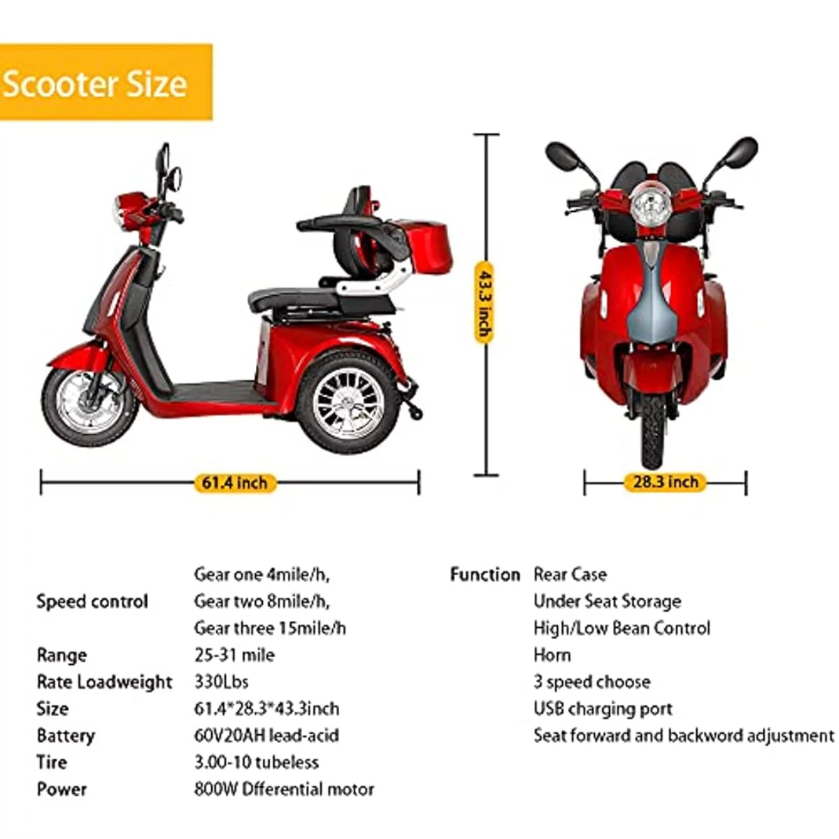 3 Wheel Mobility Scooter 500 Pounds B2826