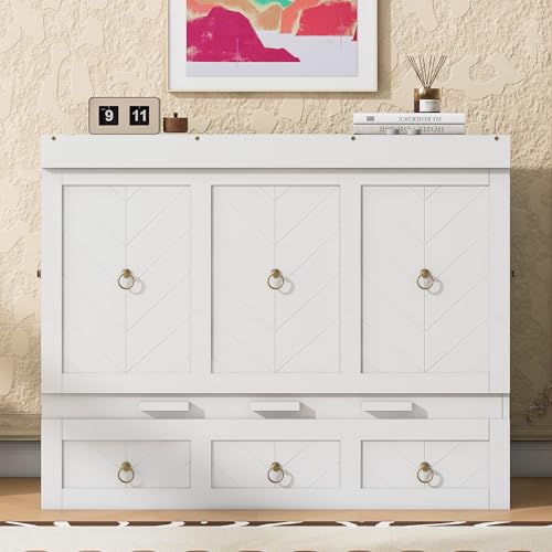 Queen Size Murphy Bed with USB Charging Station and Drawer, White F179