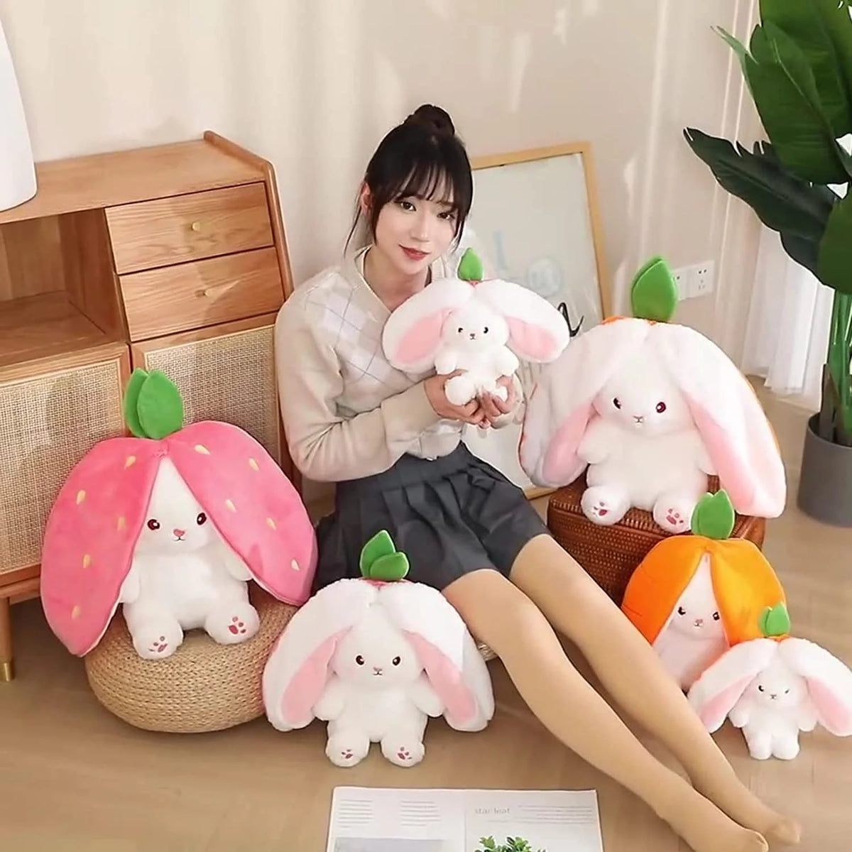 Reversible Bunny Plush Pillow with Zipper I959743