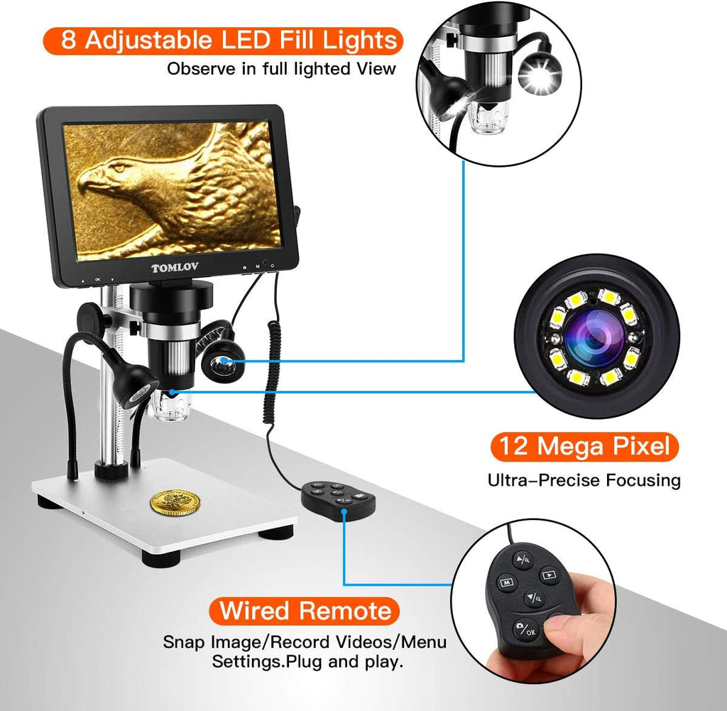 7" LCD Digital Microscope 1200X 1080P Video Microscope with Metal Stand L564