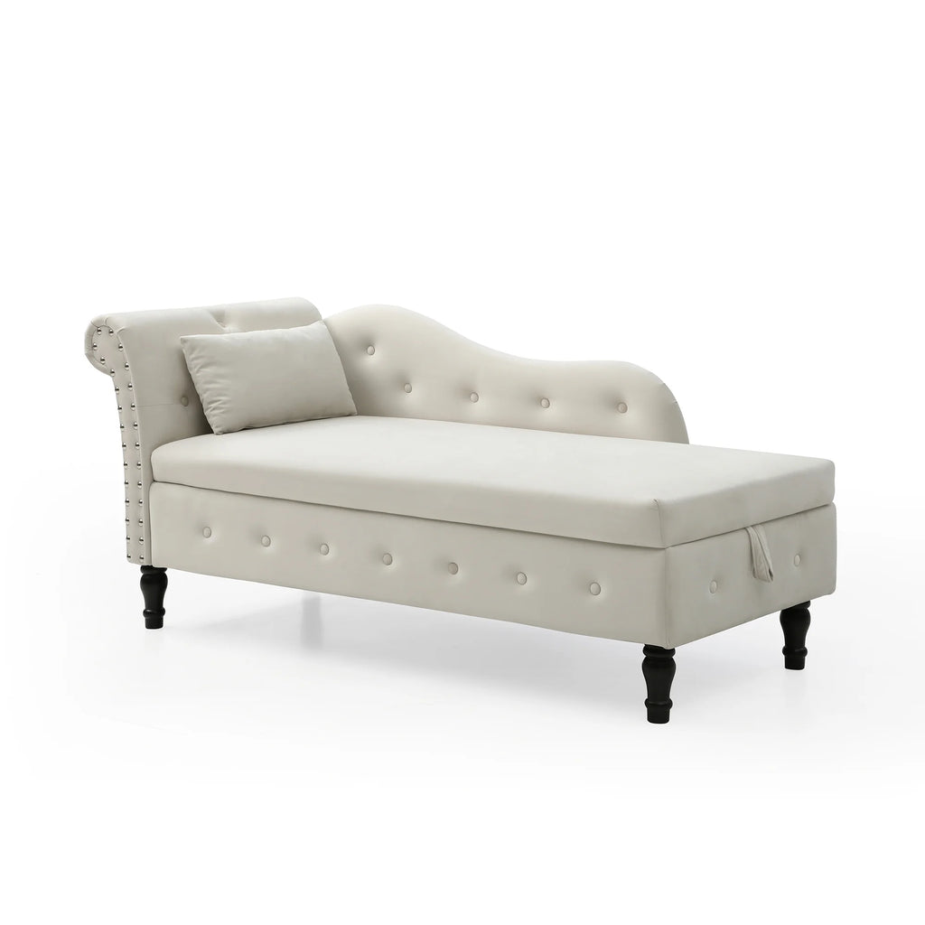 Beige Velvet Storage Chaise Lounge with 1 Pillow F18691