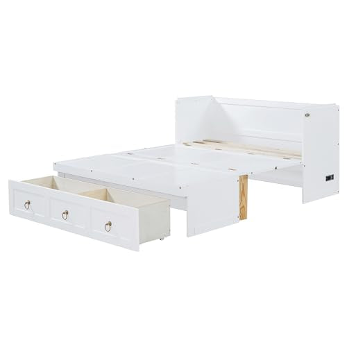 Queen Size Murphy Bed with USB Charging Station and Drawer, White F179