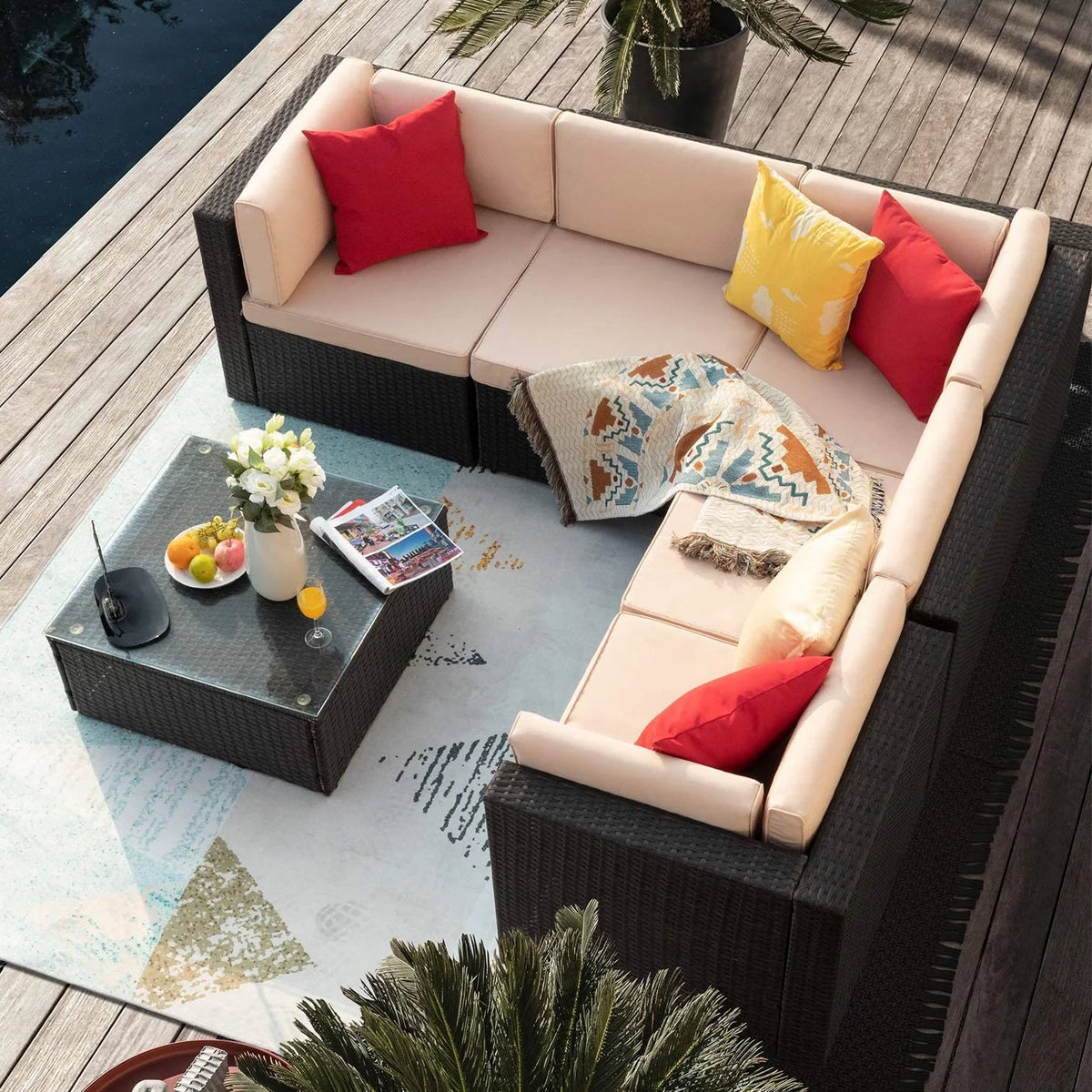 5 Pieces Beige Wicker Rattan Patio Sectional Sofa J39176