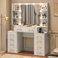 White Vanity Desk with Mirror & LED Lights, Glass Top, 9 Drawers Q58962