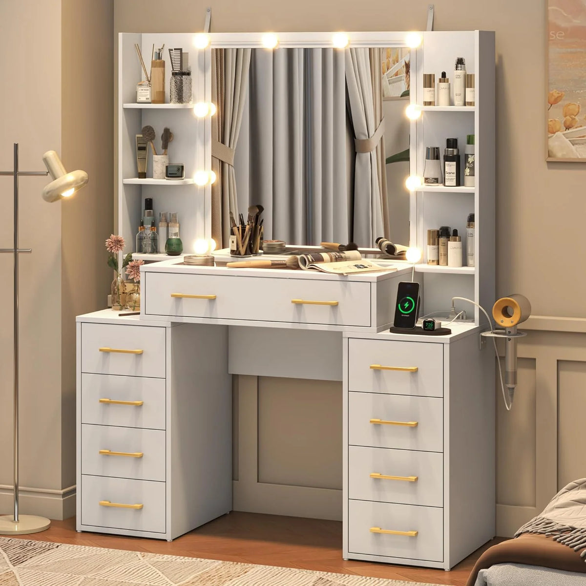 White Vanity Desk with Mirror & LED Lights, Glass Top, 9 Drawers Q58962