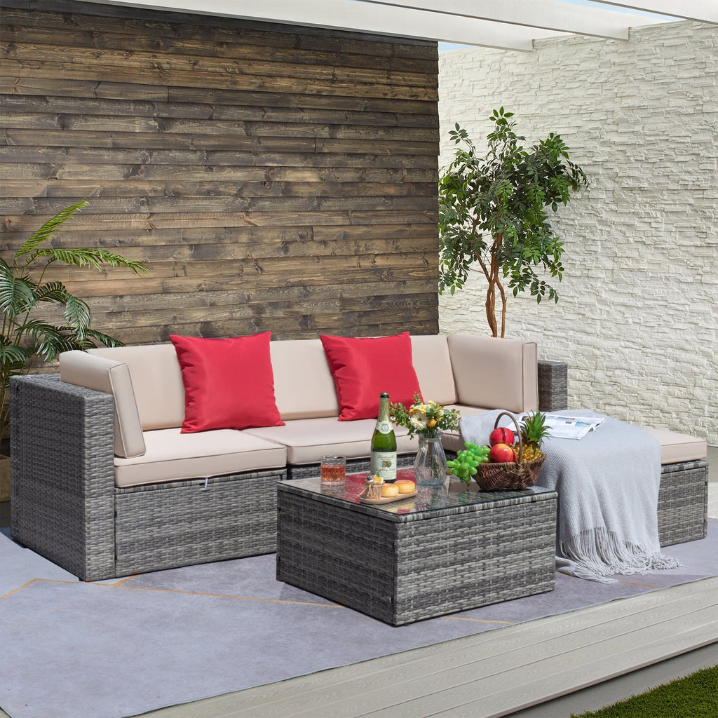 5 Pieces Beige Wicker Rattan Patio Sectional Sofa J39176