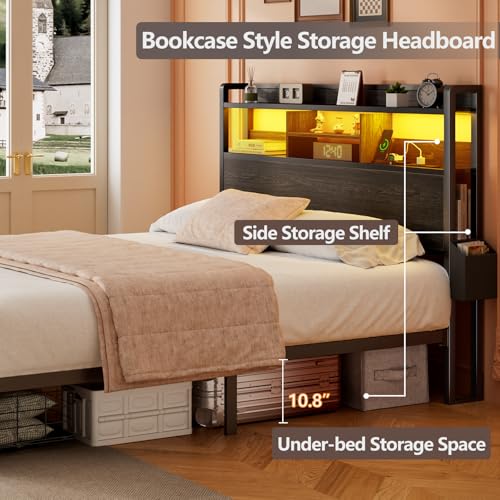 Black Full Size Metal Platform Bed Frame with Wood Headboard and Storage Drawers I772180