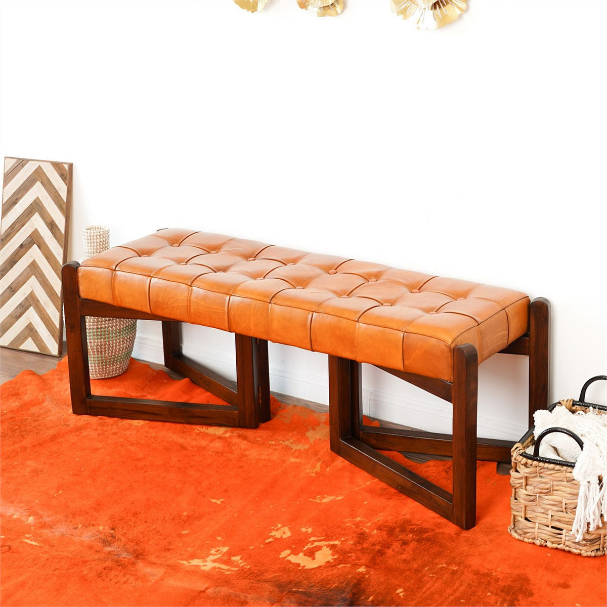 Tan Upholstered Leather Bench R588
