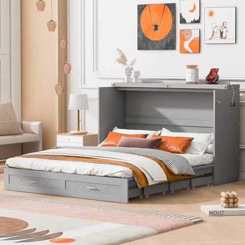 Queen Size Murphy Bed with USB Charging Station and Drawer, White F179