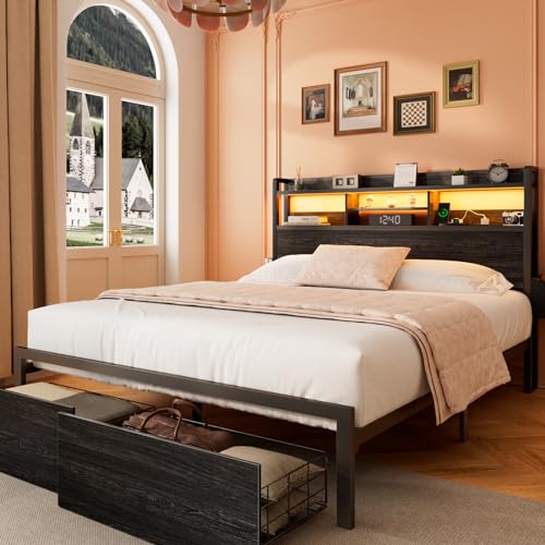Black Full Size Metal Platform Bed Frame with Wood Headboard and Storage Drawers I772180