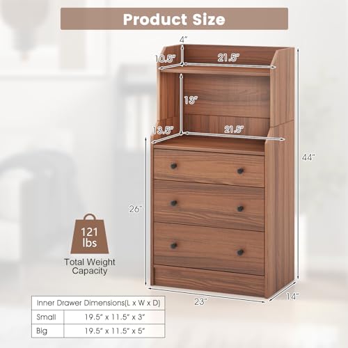 3 Drawers Dresser with Shelves, Tall Nightstand with 2 Open Shelves, Chest of Drawers (Walnut) S443663