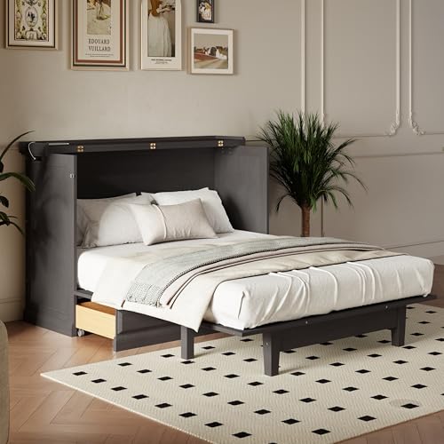 Queen Size Solid Pine Murphy Bed with Charging Station and Storage Drawer L32517