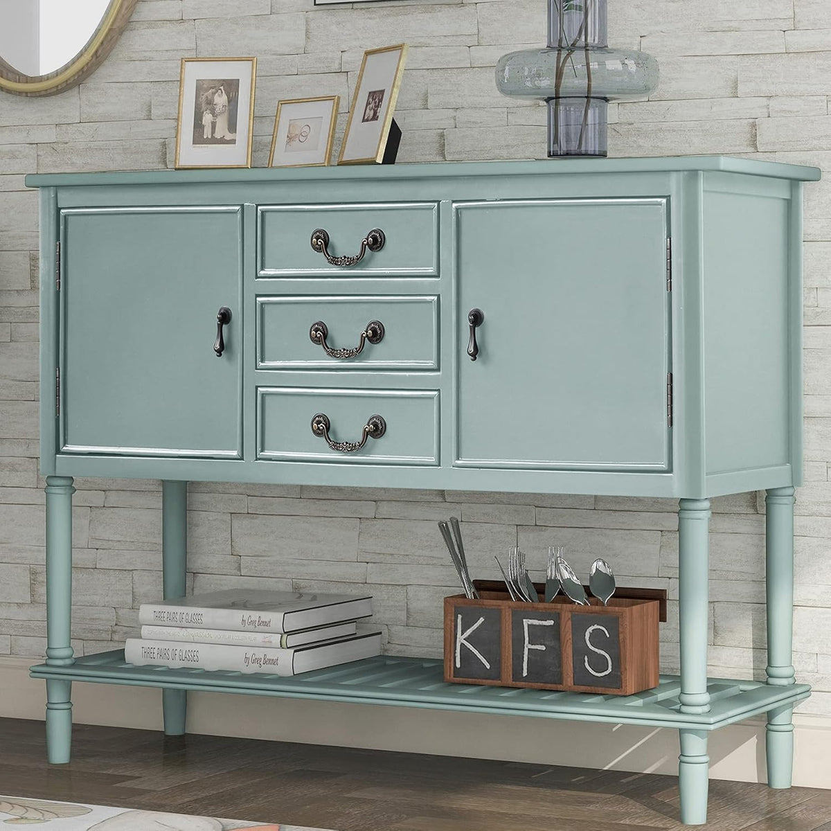 Navy Blue Wood Console Sofa Table with Drawers and Open Shelf B653072