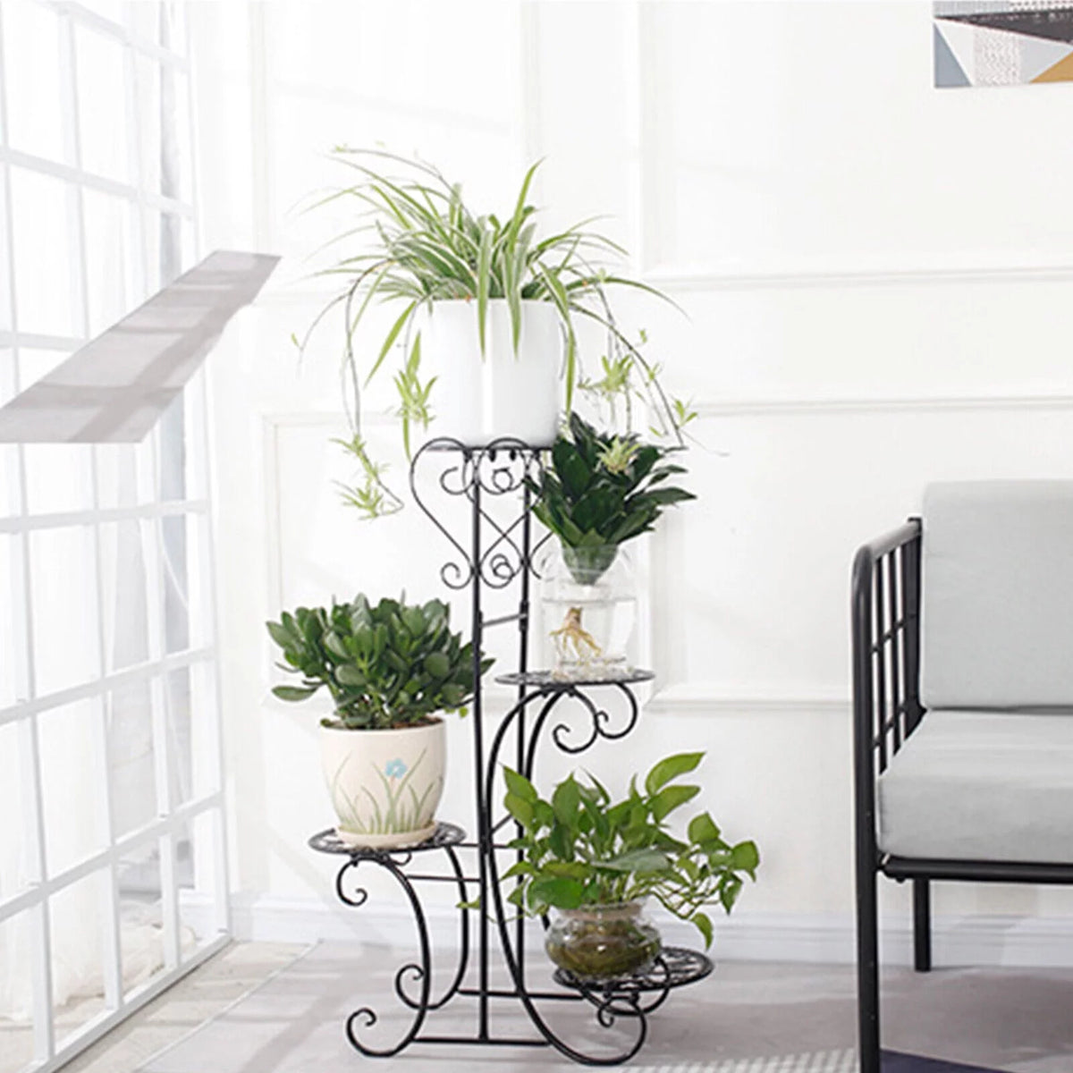 4 Tier Iron Plant Stand Wood Shelves B4294
