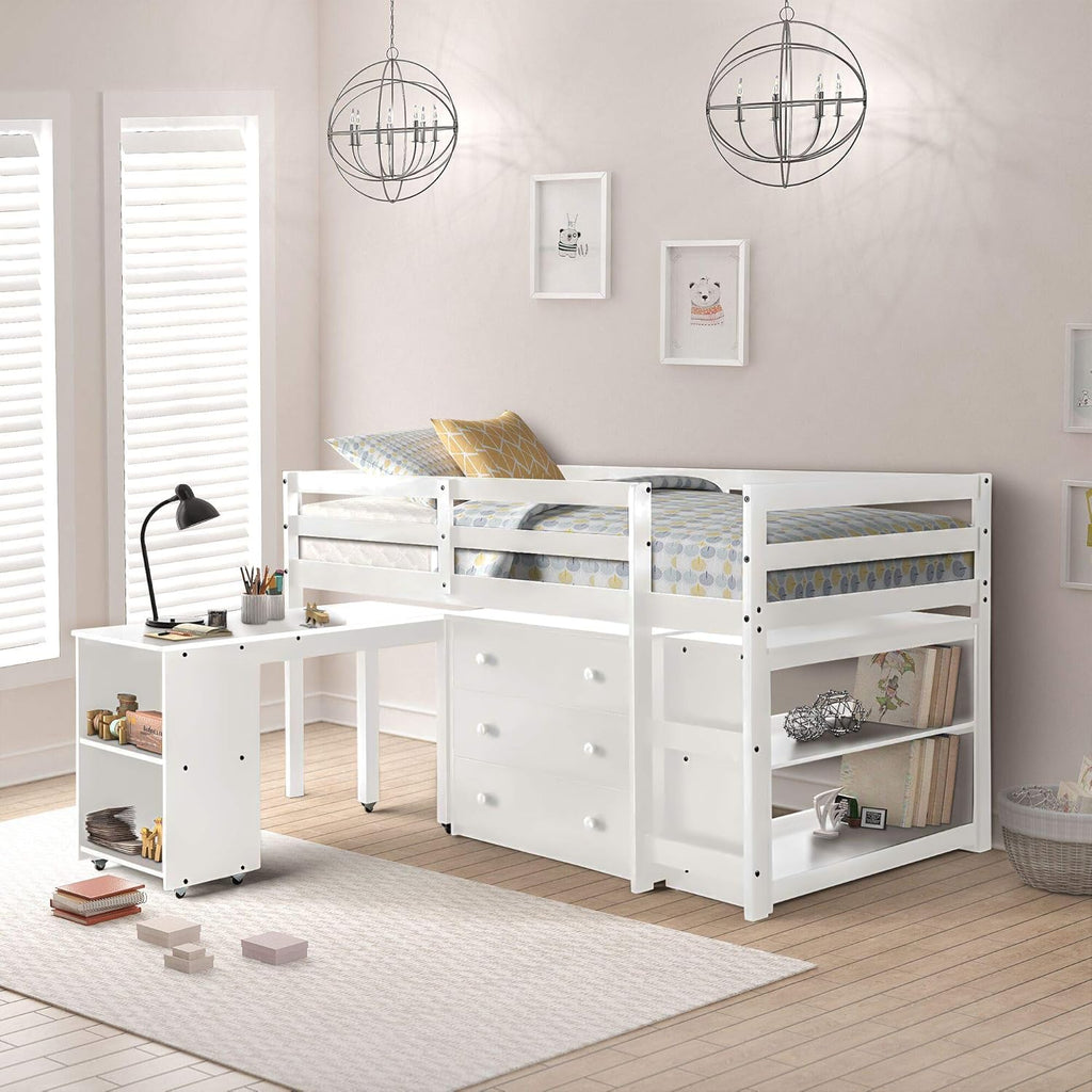 Espresso Pine Wood Twin Loft Bed with Desk T76845