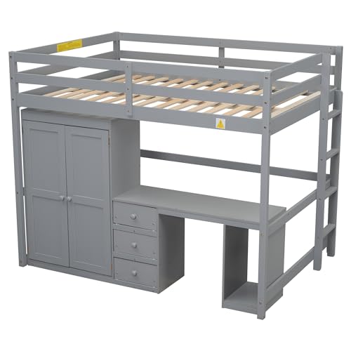 Gray Solid Pine Wood Loft Bed with Wardrobe Desk Storage Drawers A226