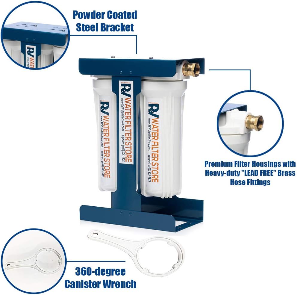 RV Water Filter System with Universal Blue Cage Mounting Bracket and Brass Hose Fittings O205