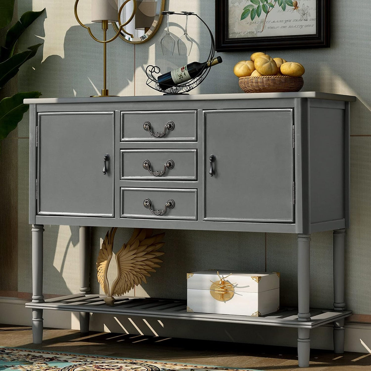 Navy Blue Wood Console Sofa Table with Drawers and Open Shelf B653072
