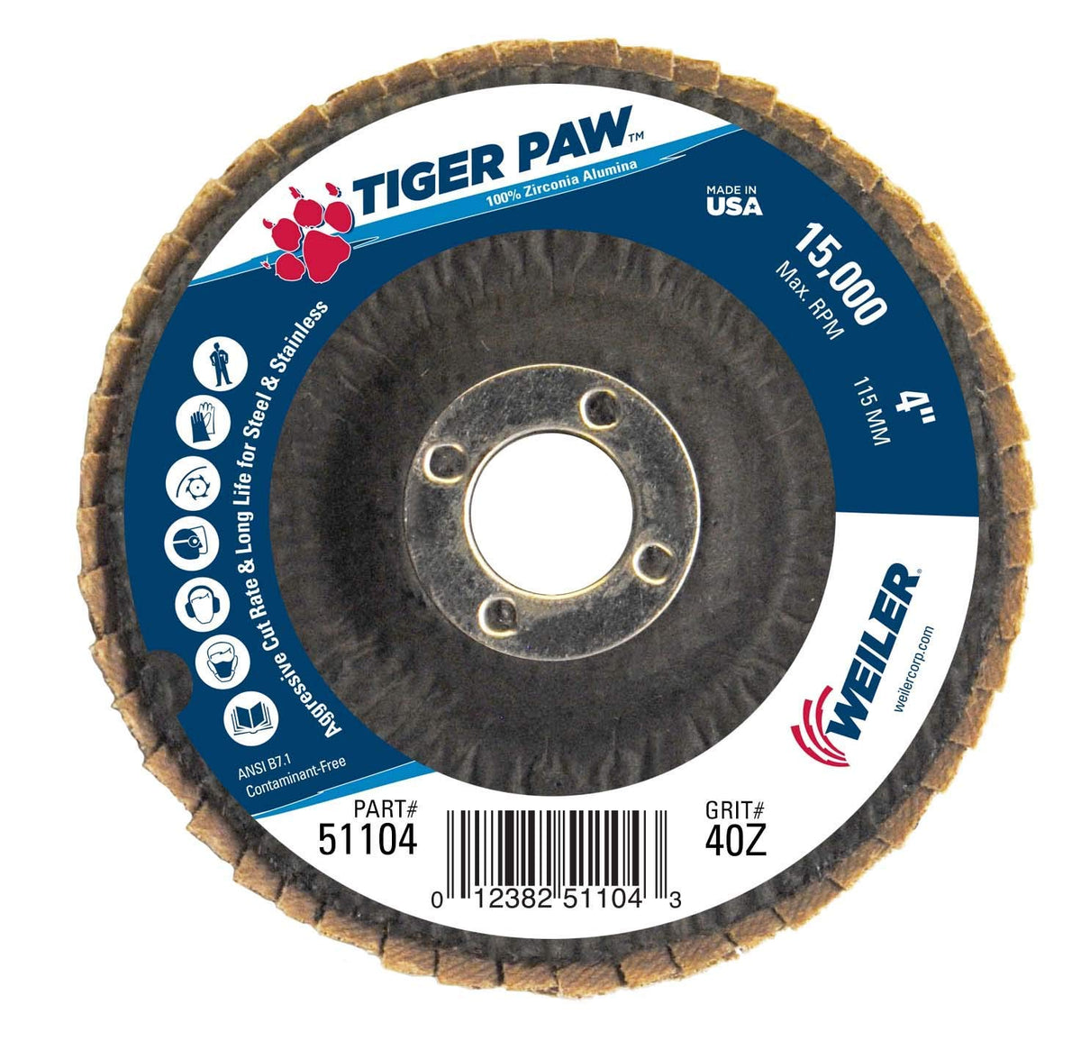 4 Tiger Paw Abrasive Flap Disc, Conical (Ty29), Phenolic Backing, 40Z, 5/8 Arbor Hole, Pack of 10 M180198