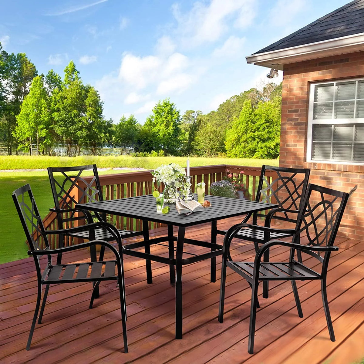 5-Piece Outdoor Patio Dining Set Stackable Metal Chairs and Square Table Black K864308