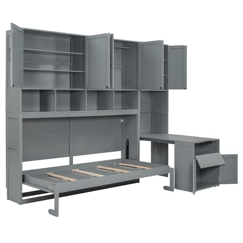 White Twin Size Wooden Murphy Bed with Closet Drawers Desk W18052