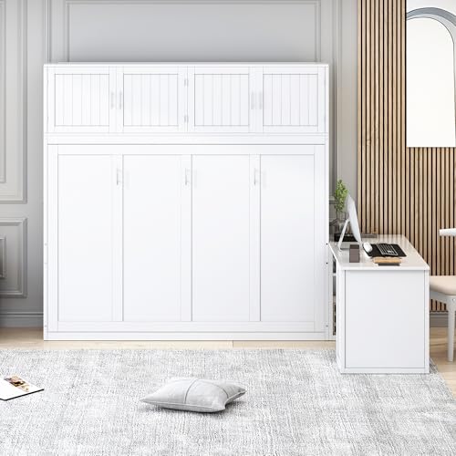 White Twin Size Wooden Murphy Bed with Closet Drawers Desk W18052