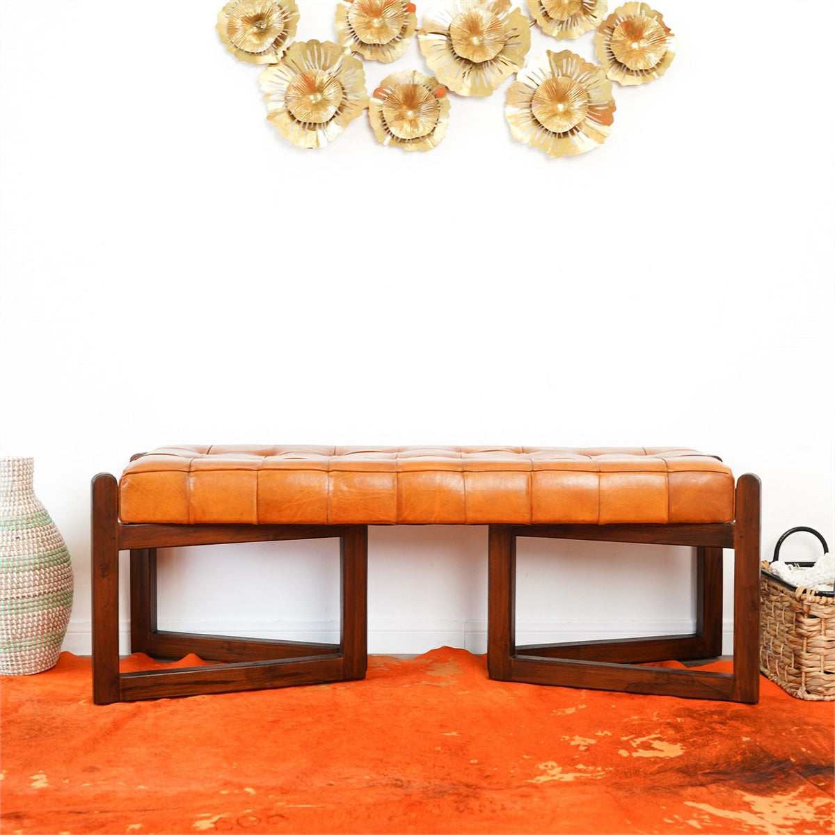 Tan Upholstered Leather Bench R588