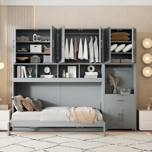 White Twin Size Wooden Murphy Bed with Closet Drawers Desk W18052