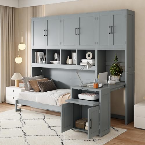 White Twin Size Wooden Murphy Bed with Closet Drawers Desk W18052