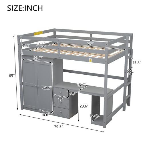 Gray Solid Pine Wood Loft Bed with Wardrobe Desk Storage Drawers A226