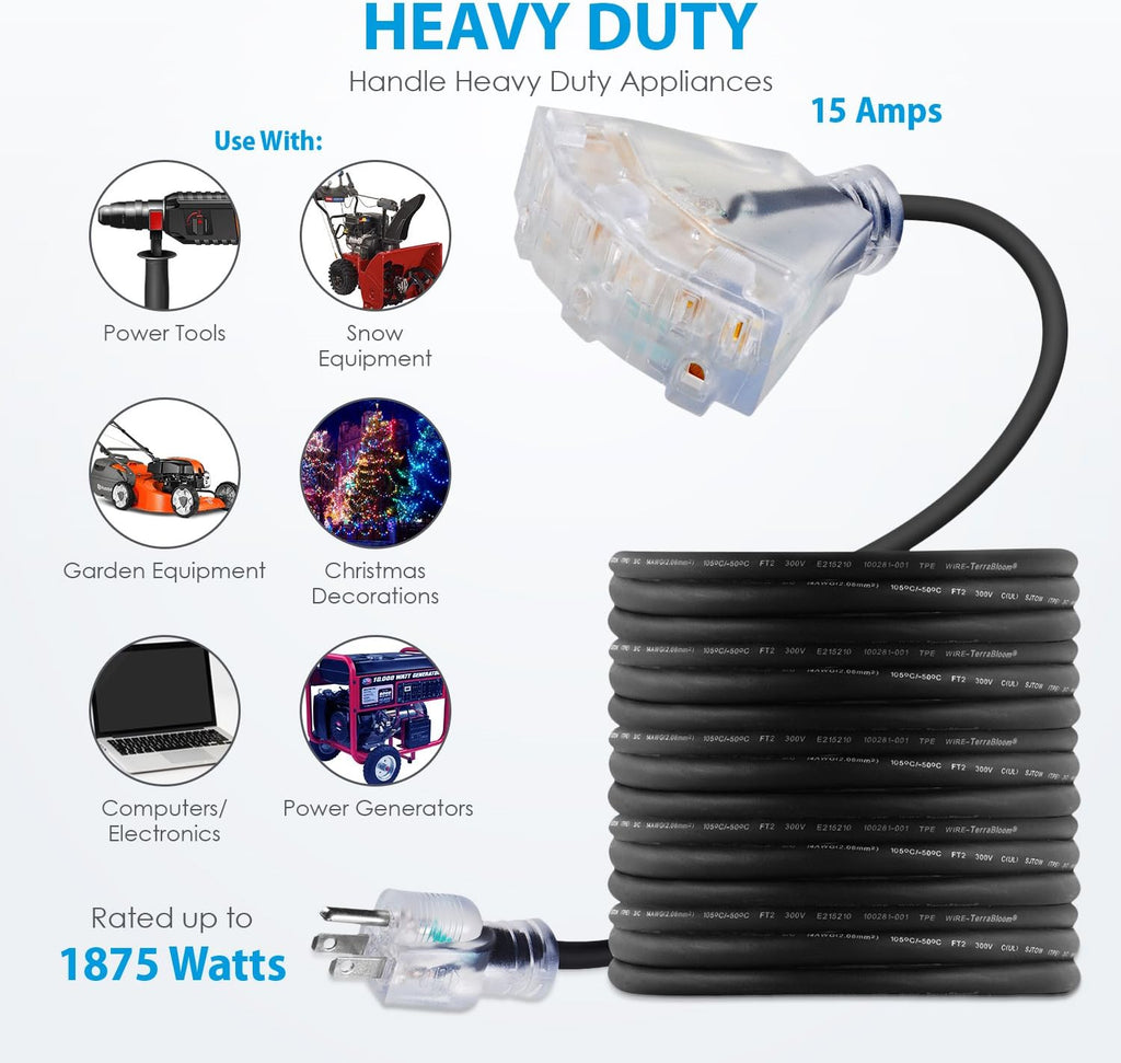 100 FT 14/3 Outdoor Extension Cord, Black Rubber Triple Outlet E9879
