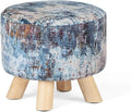 Round Linen Fabric Ottoman with Wooden Legs Q7290