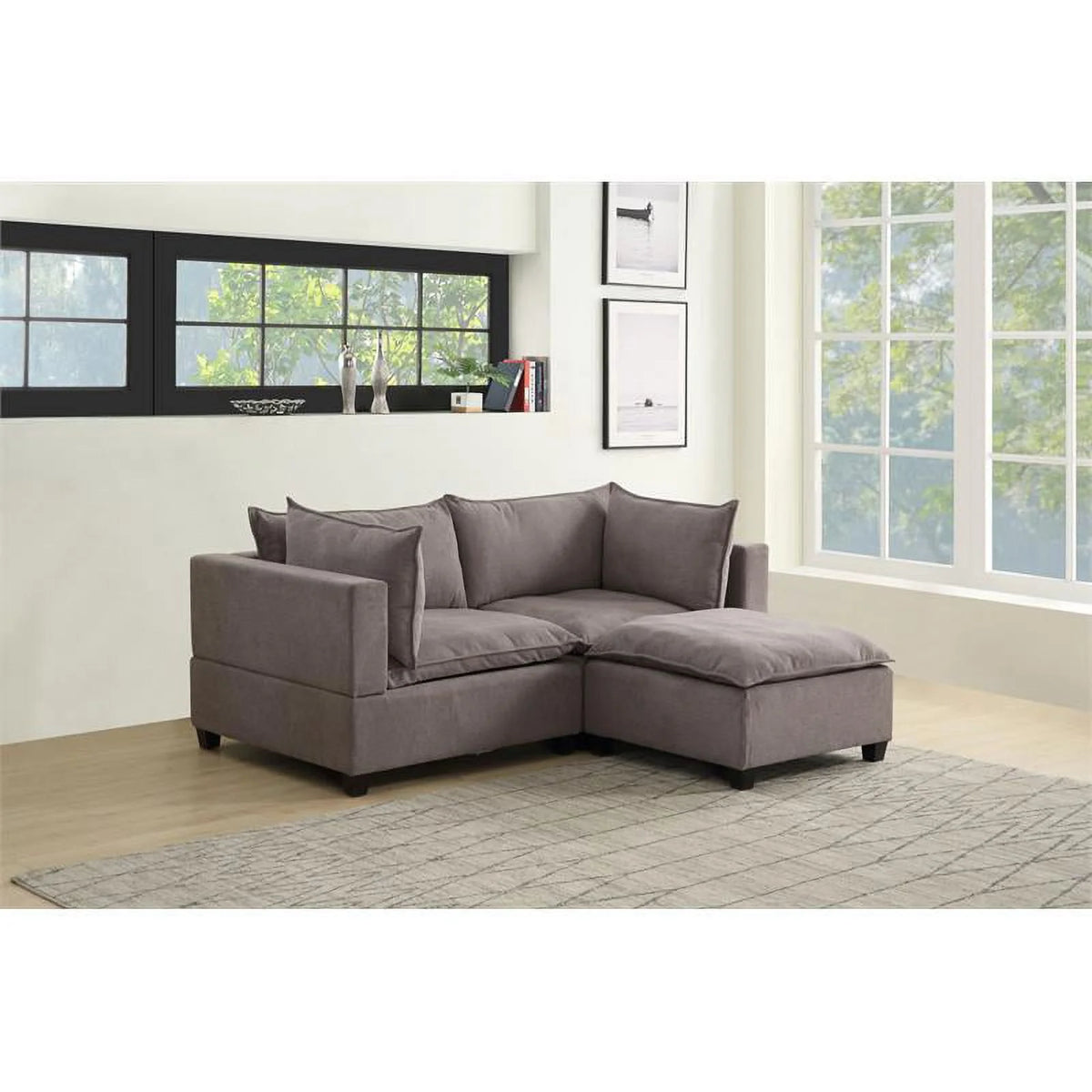 Light Gray Woven Fabric Sectional Loveseat Sofa with Ottoman I2451