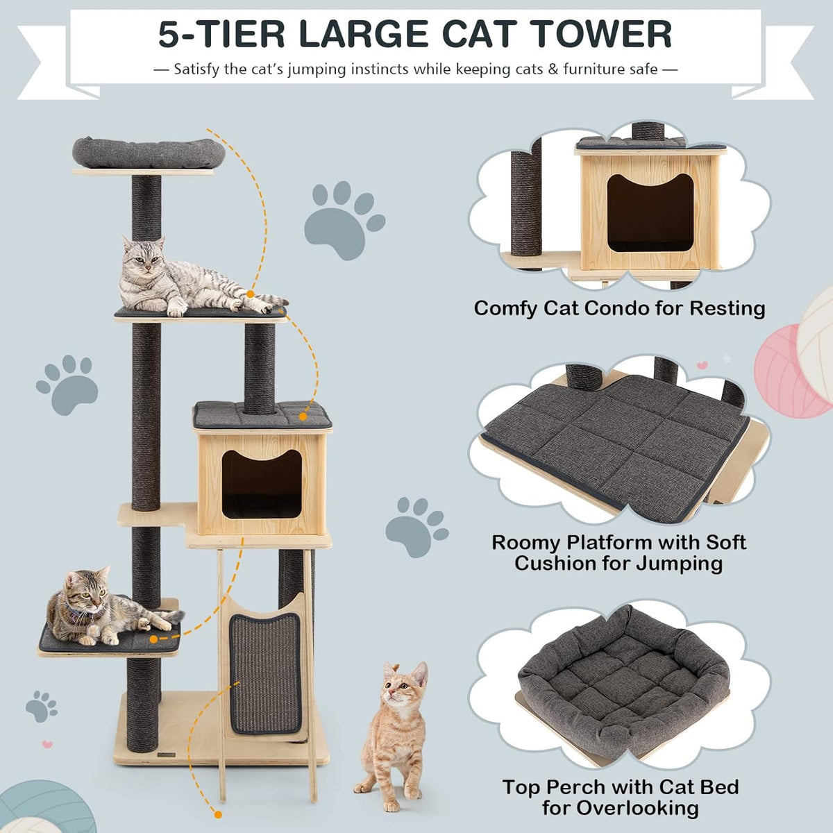 Grey Wooden Cat Tree with Sisal Posts & Scratch Board W33331