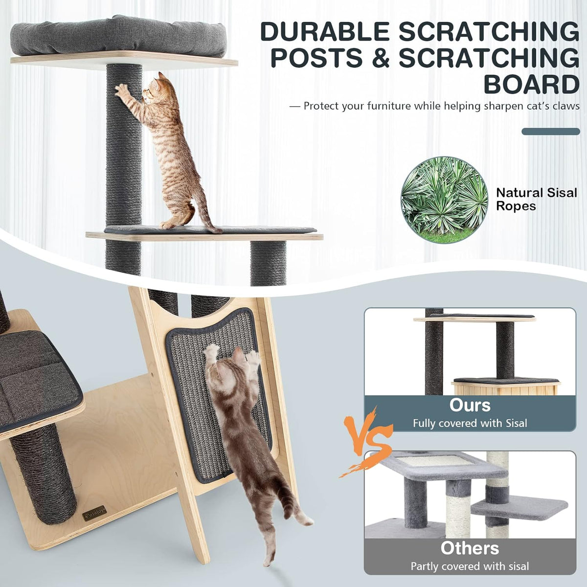 Grey Wooden Cat Tree with Sisal Posts & Scratch Board W33331