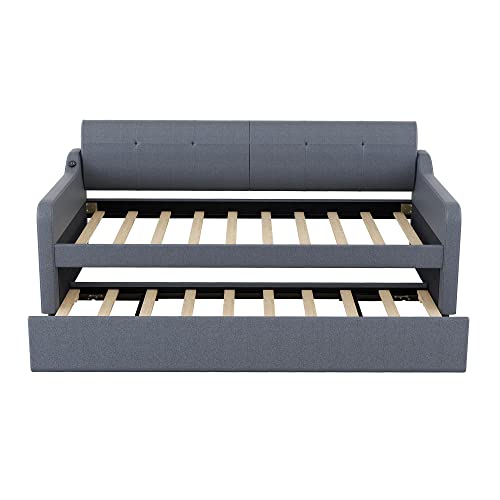 Twin Size Upholstered Wood Day Bed with Pop up Trundle (Grey) V526