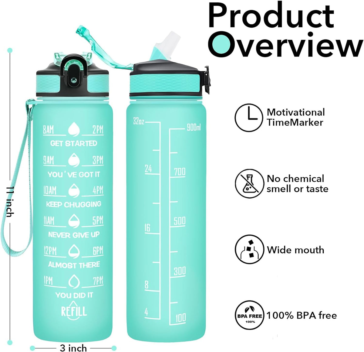 32 oz Motivational Water Bottle with Straw, Time Marker, Leakproof BPA Free C86533