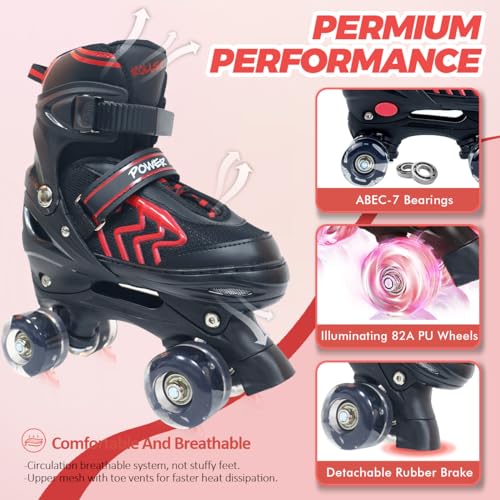Adjustable Quad Roller Skates with Light Up Wheels, Black & Red P4303
