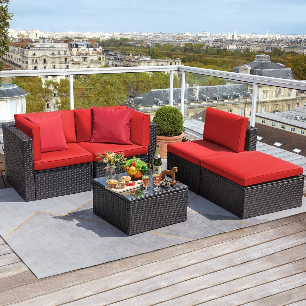 5 Pieces Beige Wicker Rattan Patio Sectional Sofa J39176